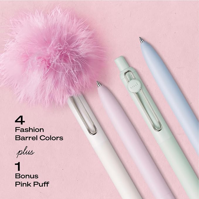 uniball™ The Elle Pen Set, Zento Gel Pens with Pink Puff, Black Ink, 0.7mm Medium Point, Retractable, 4 Count, Smooth Writing, Quick-Drying, No Smear, Fashion Barrel Colors