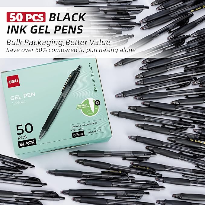 deli Pens Bulk, 50 Pcs Retractable Gel Pens Medium Point 0.7mm, Smooth Writing with Fast Dry Black Ink, No Bleed, Comfort Grip & Pocket Clip for School, Office, Home Supplies