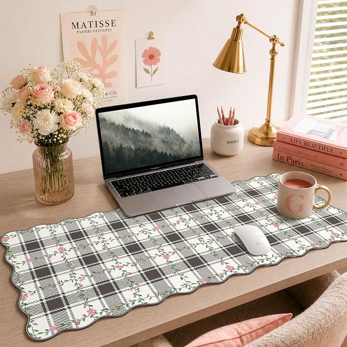 iCasso Retro Flowers Mouse Pad, XXL Large Leather Mouse Pad,Back to School Desk Matt for Desktop Protector, Anti-Slip Mousepad with Scalloped Stitched Edges for Laptop Computer Keyboard(Black)