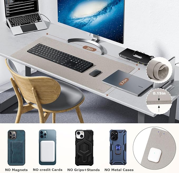 Wireless Charging Mouse Pad Firelison 2 in 1 Leather Multifunctional Office Desk Pad with Non-Slip Rubber Base, Waterproof Desk pad for Computers/Office/Work/Home/Decor（ 36" x 17"Grey - L）