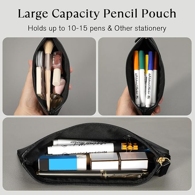 MROCO PU Leather Pencil Case, Small Zipper Pouch, Black | for Pencils, Pens, Markers, Makeup, Coins, Change, Water-resistant PU, Smooth zip, compact for school office travel