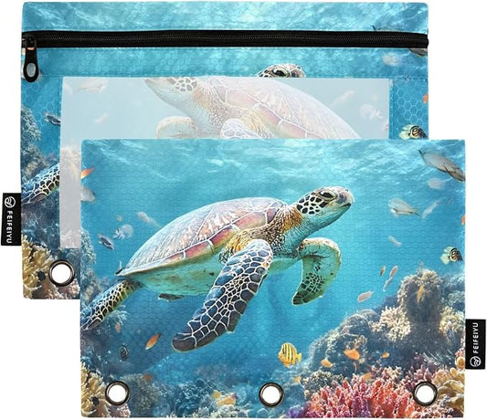 Sea Turtle Underwater Pencil Pouch for 3 Ring Binder 2 Pack Zipper Binder Pencil Bag with Clear Window Pencil Case for Office Supplies