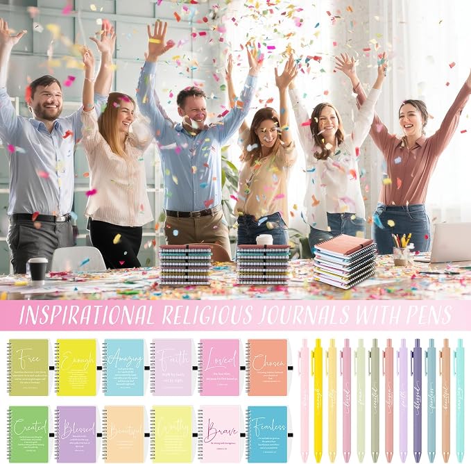 Kosiz 48 Sets Christian Gifts Bulk Christian Notebooks with Pens Inspirational Prayer Journals Bulk A6 Spiral Small Notepads for Women Men Church Members Bible Study Groups (Cute Color)