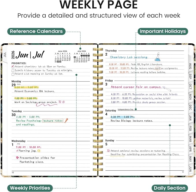 Planner 2026-2027, Academic Monthly and Weekly Calendar Planner for Women, July 2026 - June 2027, Hardcover Pretty Agenda Planner Book with Tabs, Spiral Daily Organizer for School Office Home Supplies, 6.3" x 8.5" - Forest Botanica