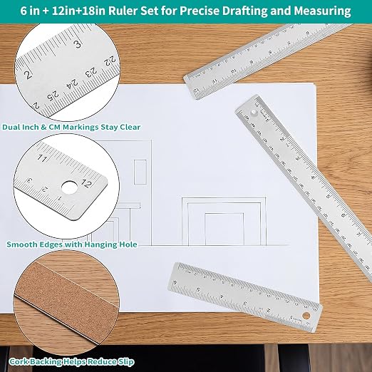 Metal Ruler 6+12+18 Inch Stainless Steel Ruler with Cork Backing, Non-Slip with Inch and Centimeters, Straight Edge Rulers for Student School Office Drafting Tools