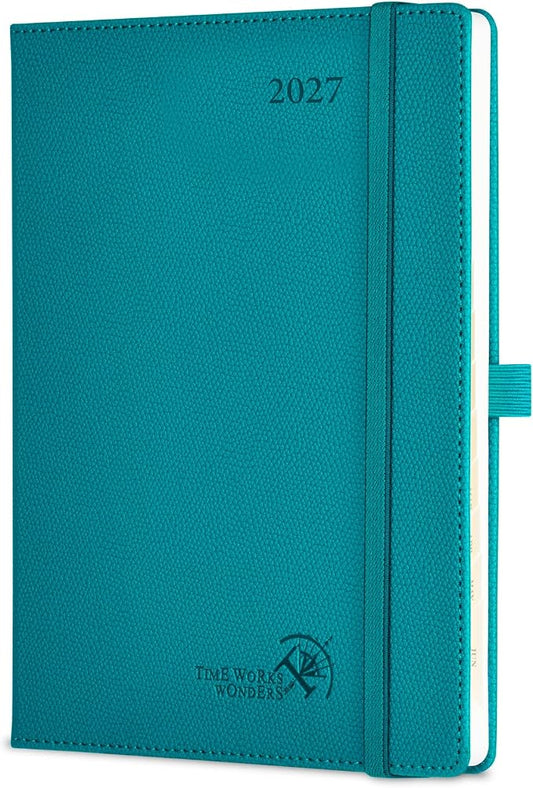 POPRUN 2027 Planner (Medium 6.75"x 8.75"), Weekly and Monthly Planner | Daily Calendar Book Jan.2027 - Dec.2027, Appointment Book with Monthly Tabs, Leather Hardcover, Inner Pocket -Pacific Green