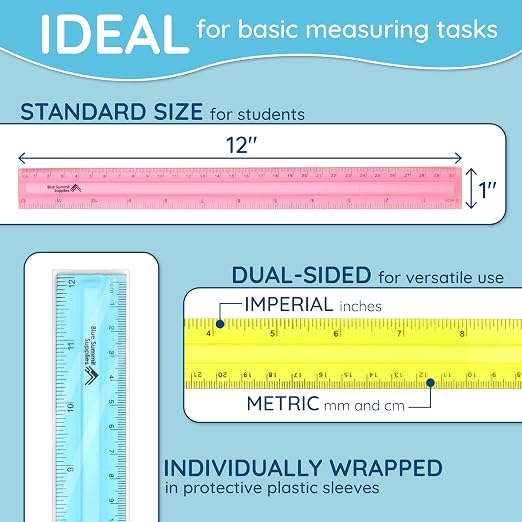 Blue Summit Supplies 30 Plastic Rulers Bulk for Classroom, Bulk Ruler 12 Inch for School, Home, or Office, Metric and Imperial, Clear Plastic Rulers 12 Inch, Assorted Colors