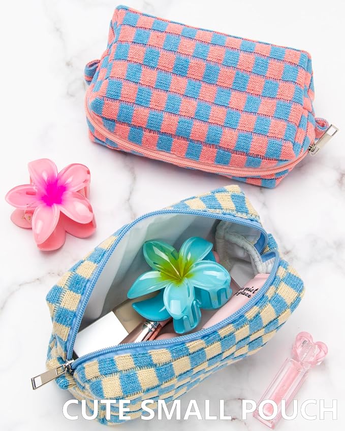Checkered Makeup Bag for Purse, Small Travel Cosmetic Pouch,Blue Beige | Cute Zipper Makeup Organizer for Women, Travel Essentials, Toiletries, Makeup Brushes, Beauty Accessories&Bridesmaid Gifts