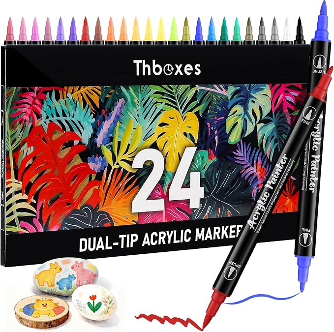 Thboxes 24 Colors Acrylic Paint Markers - Waterproof Dual Tip Paint Pens for Rock Painting, Fabric, Wood, Glass, Canvas - Valentines Day Gifts & Art Supplies