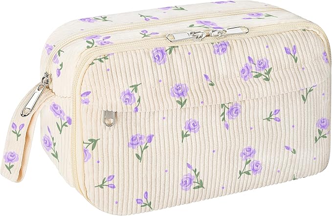 WOBAGMEN Cute Pencil Case,Large Corduroy Zippered Pencil Case Pouch, aesthetic Pencil Bag with Compartments, Pencil Pouch School Supplies (HY-corduroy pc-purple floral)