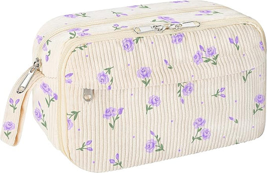 WOBAGMEN Cute Pencil Case,Large Corduroy Zippered Pencil Case Pouch, aesthetic Pencil Bag with Compartments, Pencil Pouch School Supplies (HY-corduroy pc-purple floral)