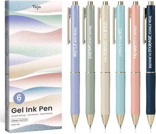 Taja Gel Pens, 6 Pcs Quick Dry Black Gel Ink Pens, 0.5mm Fine Point Smooth Writing Pens for Journaling and Note Taking, Cute Aesthetic Pens for Women & Men-Inspire