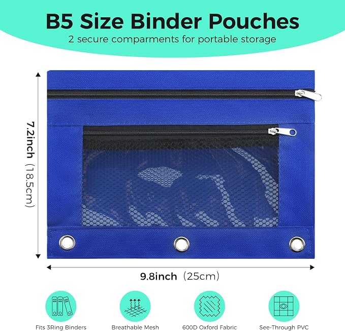 Pencil Pouch for 3 Ring Binder, Pencil Case with Zipper, 600D Fabric Pencil Pouch Bag Holder Accessories, Clear Window Pencil Case Aesthetic Back to School Organizer Pockets for Boy Girl (Blue)