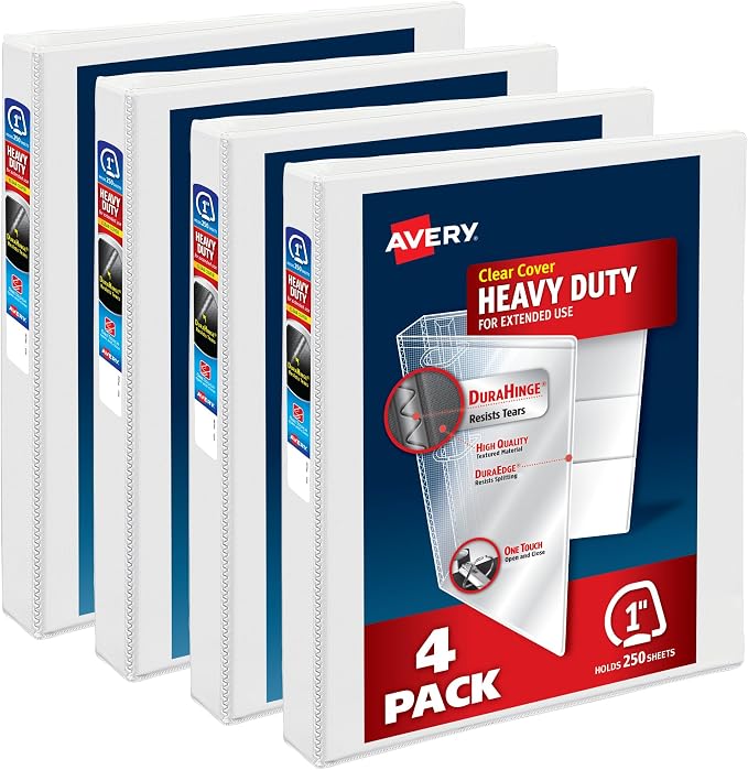 Avery Heavy Duty View 3 Ring Binders, 1" One Touch Slant Ring, 250-Sheet Capacity, 1.4 Inch Wide Spine, Great for Home, School Supplies, Office, or Organization Needs, White Binders (4-Pack of 79780)