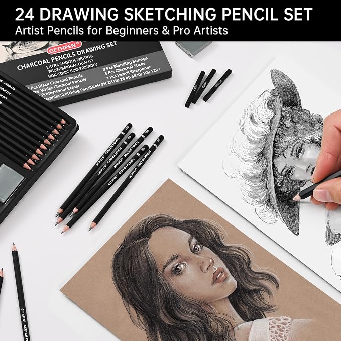 GETHPEN Drawing Sketching Pencil Set,Graphite 12B-4H Charcoal Pencils,24Pcs | Sketch Drawing Kit, Black and White Charcoal Pencils,Stumps,Eraser,Sharpeners, Sketching, Shading, Artist Charcoal Supplies
