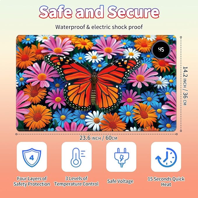 Heated Desk Pad Large Mouse Pad 23.6 x 14.1 inch with 3 Levels Heating & Auto Shut-Off Warm Mouse pad PU Leather Computer Mousepad for Home Office Work - Colorful Flowers and Butterflies