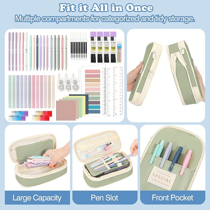 MoKo Pencil Case with Supplies, 60Pcs Aesthetic School Set, Green | Includes highlighters, gel and ballpoint pens, mechanical pencils, refills, sticky notes, correction tapes and rulers.