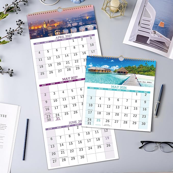 2026-2027 Calendar - July. 2026 - Jun. 2027, 3 Month Calendar Vertical Display, Wall Calendar 2026-2027, 11" x 26"(when opened)