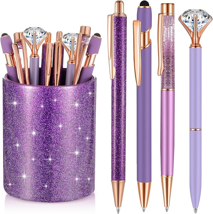 Sabary 8 Pcs Purple Pens with Pen Holder for Desk Glitter Crystal Diamond Cute Ballpoint Fancy Pencil Holder Bling Desk Organizer for Women Girls School Office Supplies Wedding Graduation Gifts