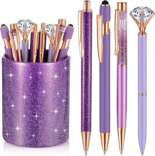 Sabary 8 Pcs Purple Pens with Pen Holder for Desk Glitter Crystal Diamond Cute Ballpoint Fancy Pencil Holder Bling Desk Organizer for Women Girls School Office Supplies Wedding Graduation Gifts