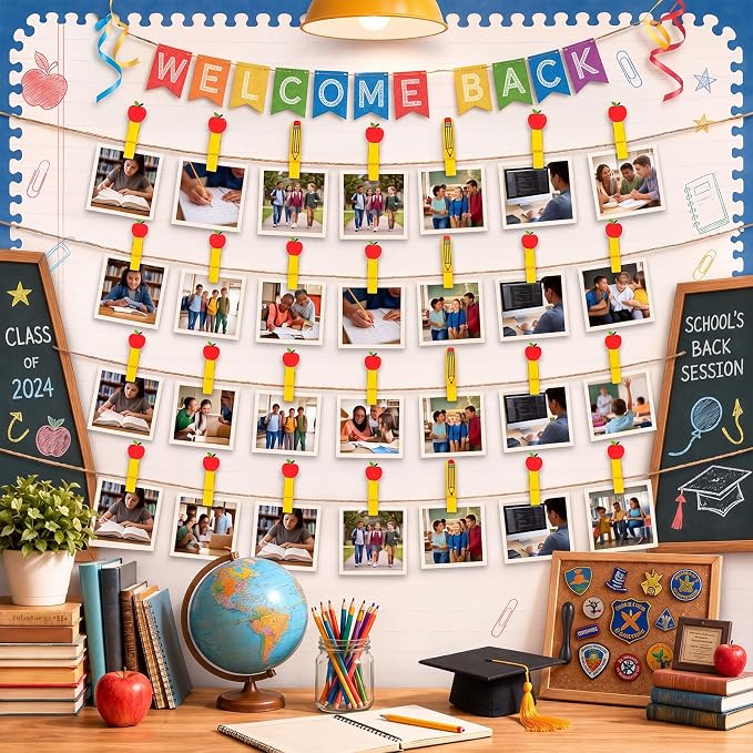 Mifoci 50 Pack Back to School Wooden Photo Clips with Twine, Apple and Pencil Shaped Clothespins for Classroom Decor, Student Work Display, Teacher Appreciation Gifts, Bulletin Board Party Decorations