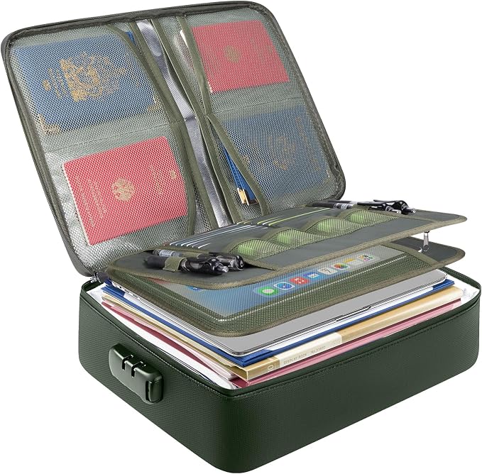 BALEINE Fireproof Document Box with Lock, Portable Fireproof Document Bag Waterproof Fire Proof File Boxes for Documents, File Organizer Box for Important Paperwork (Green, 15''x11''x4'')