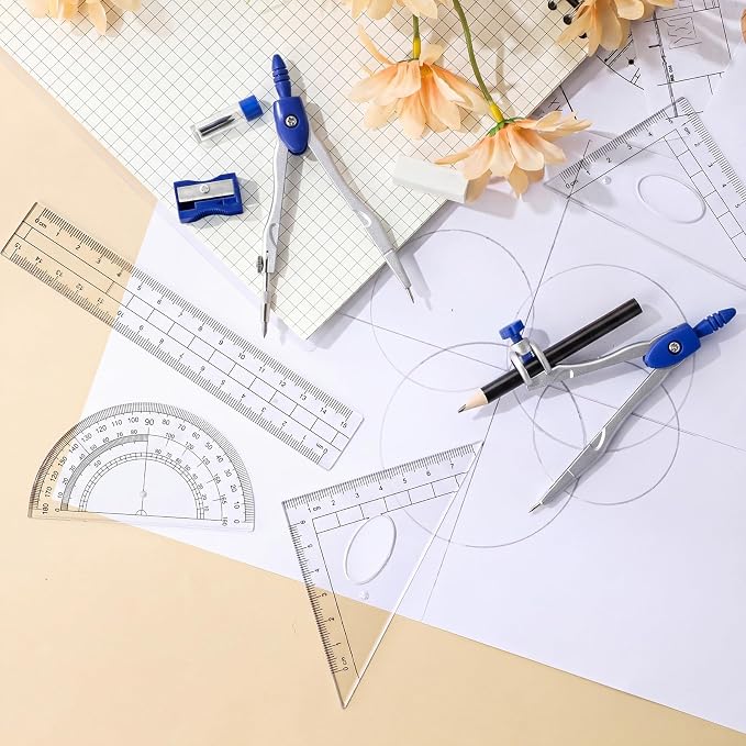 Zonon Math Geometry Set for Students 10 Pcs Compass Geometry Tools Kit Includes Protractor Compass Lead Refills Rulers Pencil Sharpener Eraser Pencil Storage Box for Drafting and Drawings(Dark Blue)