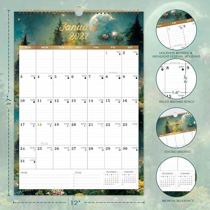 2027 Calendar - 2027 Wall Calendar, JAN 2027 - DEC 2027, 12" x 17", 2027 Wall Calendar 12 Month with Hanging Hook, Perfect for School, Home, Office Organization - Dreaming Moon
