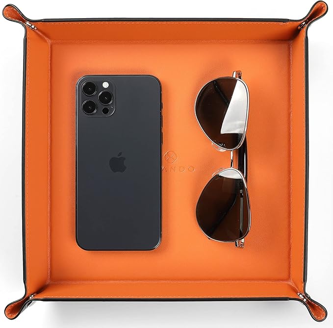 VLANDO Travel Valet Tray, Foldable PU Leather Catchall Tray, Orange Black | Valet Tray for Men and Women, Key Wallet Watch Phone Jewelry Organizer for Nightstand, Dresser, Desk, Entryway, Hotel, Dorm