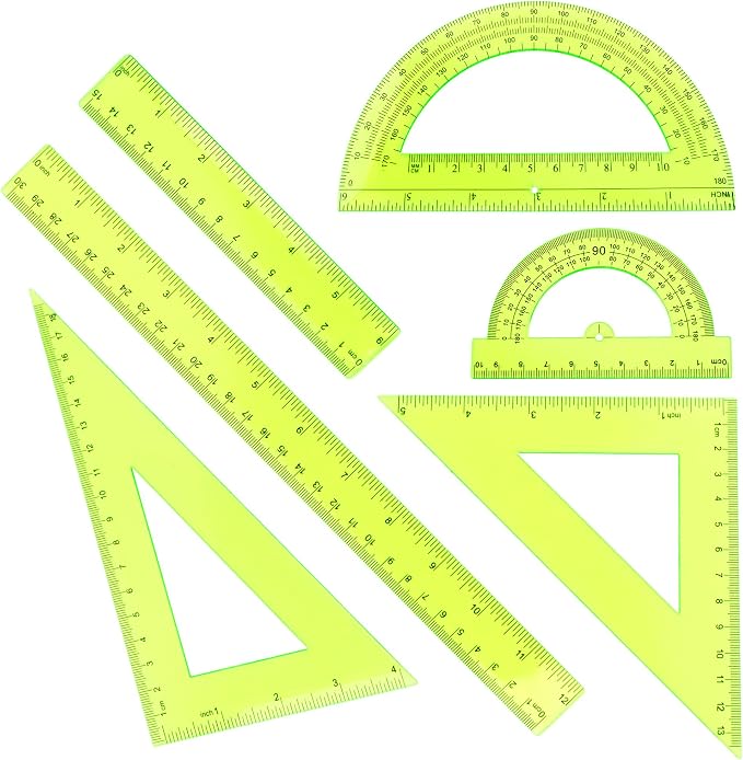 Plastic Clear Ruler Math Set - 6'' 12'' Transparent Straight Ruler, 4'' 6'' Protractor, 30/60 & 45/90 Triangle Ruler, Geometry Math Measuring Tool for School Home Office Drawing Teachers Kids Yellow