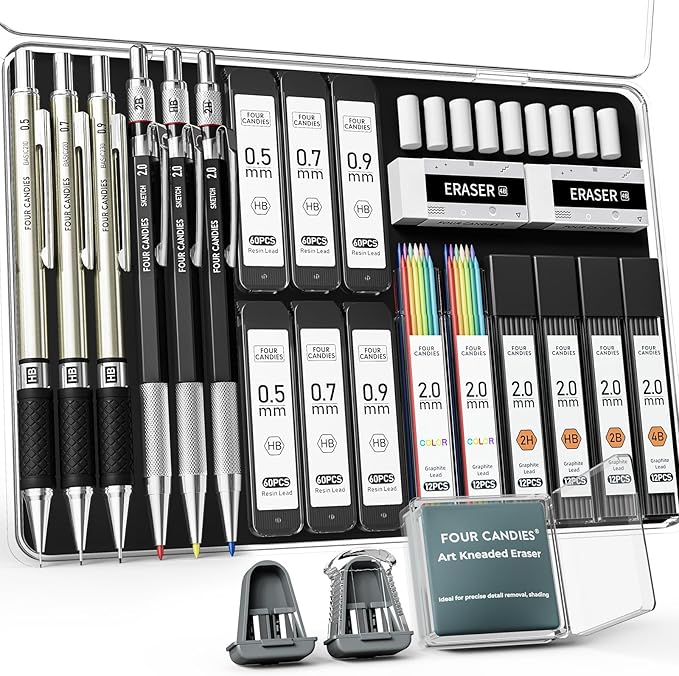 Four Candies 25PCS Mechanical Pencil Set, 0.5, 0.7, 0.9 & 2mm, Storage Case | 432 Lead Refills (HB 2H 2B 4B Color), Kneaded Eraser, Technical Drawing Kit, Sketching, Art Drawing, Drafting