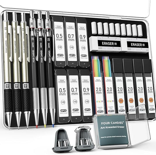 Four Candies 25PCS Mechanical Pencil Set, 0.5, 0.7, 0.9 & 2mm, Storage Case | 432 Lead Refills (HB 2H 2B 4B Color), Kneaded Eraser, Technical Drawing Kit, Sketching, Art Drawing, Drafting