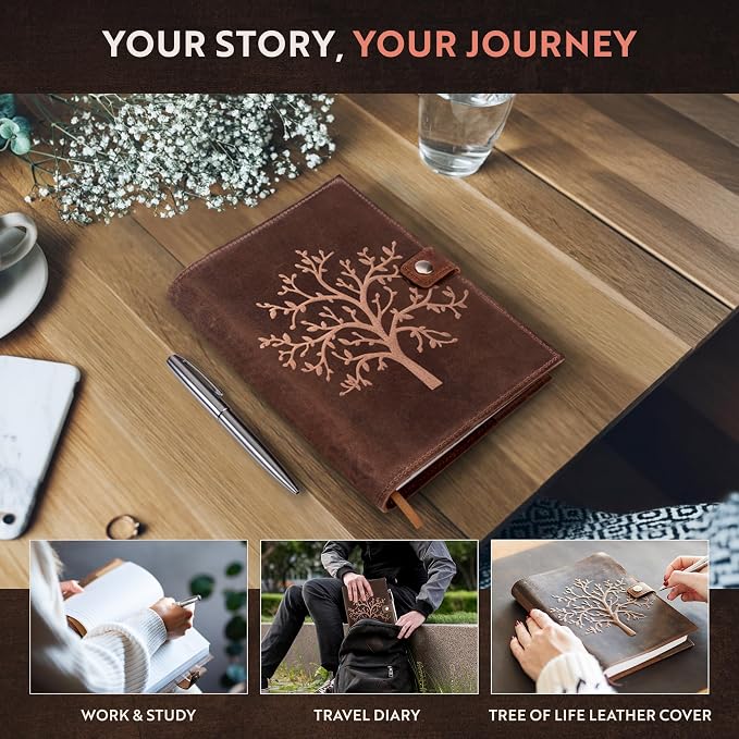 moonster Refillable Leather Journal Lined Notebook - Embossed Tree of Life, Handmade Genuine Leather Notebook for Men & Women with Pen Holder – Includes Premium-Milled A5 Lined Paper & Luxury Pen