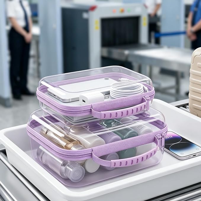 Large Clear Hard Shell Zipper Case With Handle,3 Pcs Travel Toiletry Bag, Makeup Bags Swim Diaper Bag Toys Storage For Diapers,Cosmetics,Puzzles,Reusable Organizer Pouch，Portable Waterproof (Purple)