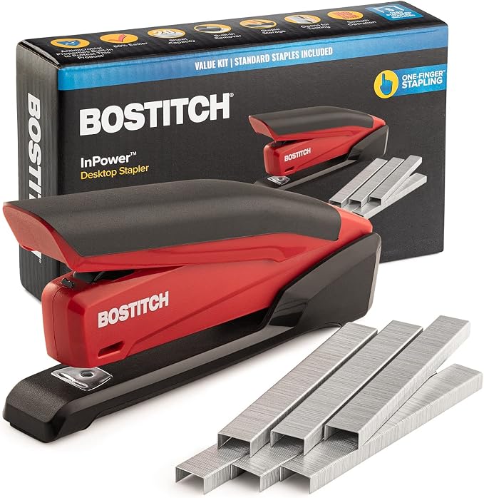 Bostitch Stapler - InPower, One Touch Heavy Duty Red Office Stapler | Bostitch Stapler with Built-in Staple Remover, 20 Sheet Capacity, Includes 1260 Staples