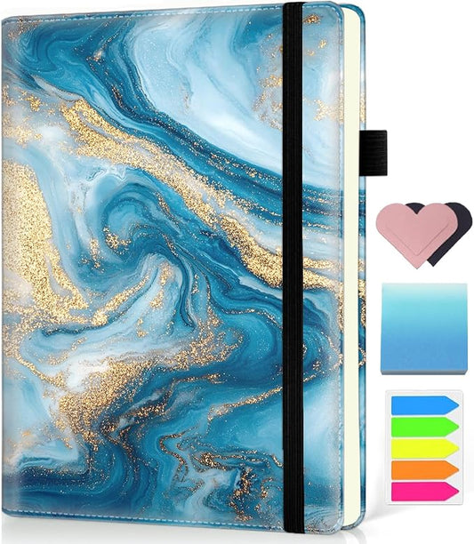 Hardcover Executive Notebooks, A5 PU Leather Lined Journal Notebook, 200 Pages Thick Paper Subject Notebooks for School,Work,Home Writing Business Notebook, Diary Book ，Blue Gilded Marble
