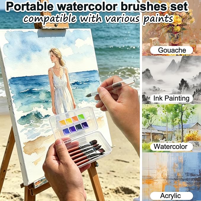 Travel Watercolor Brush Set 2 Packs | Pocket Short Handle 12pcs Travel Brushes w/Extender & Case for Watercolor Acrylic Ink,Gift for Couples Family Friends