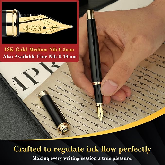 MCNTEIK 317 Fountain Pen,Stunning Luxury Piano Lacquer,18K Gilded Nib(Medium),Gorgeous 24K Gold Finish, Ink Converter,Trustworthy Gift for Men&Women-Elegant,Executive,Nice Pens for Writing, BK-M