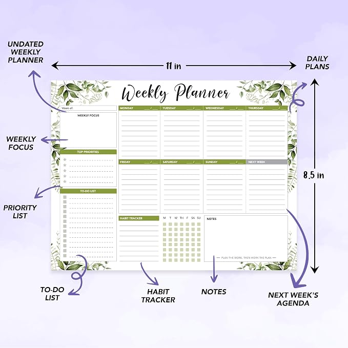 Decorably 52 Sheets Forest Green Undated Weekly Planner Tear Off Pad - 11x8.5in Spring-Bound Desk Notepad, for Focus, Priorities, to-Do List, Habit Tracker, Agenda, Notes - Home, School, Office