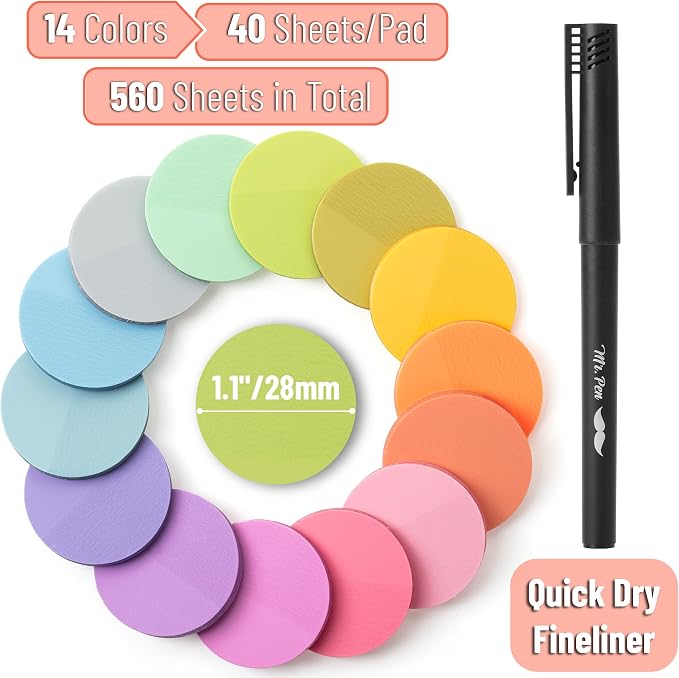 Mr. Pen- Round Transparent Sticky Notes, 1.1” Diameter, 14 Pads, 560 Sheets | Colorful, Water-Resistant See-Through Sticky Notes & Fineliner, Smooth Writing, Note Tabs for Bible Journaling, Studying