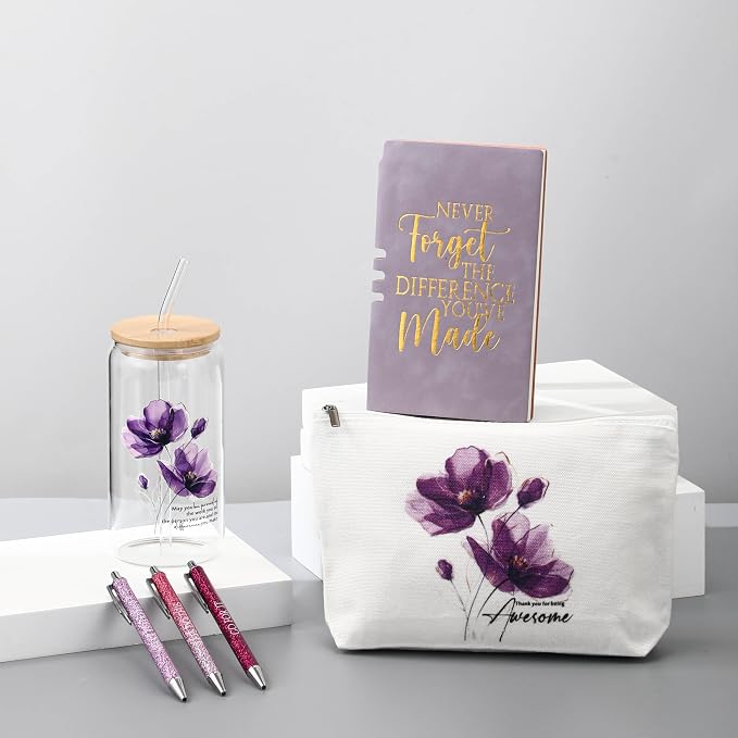 Funnymoom 6 Pcs Appreciation Gifts Set for Women Back to School Teacher Gifts Employee Thank You Gift with 17 oz Glass Tumbler Journal Pens and Pouch for Coworkers Educators,Floral,Purple
