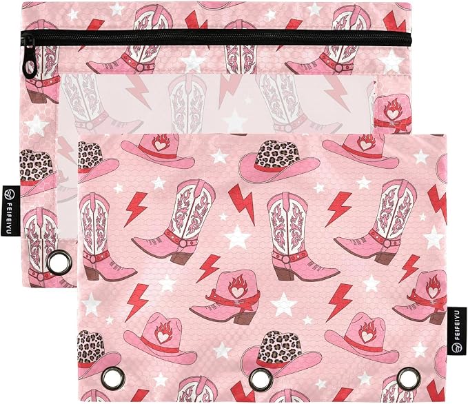 Emelivor Hat Boots Pink Pencil Pouch for 3 Ring Binder 2 Pack Binder Pencil Pouches Zippered Clear Pencil Case Cosmetic Bag for Office Work College Home Supplies