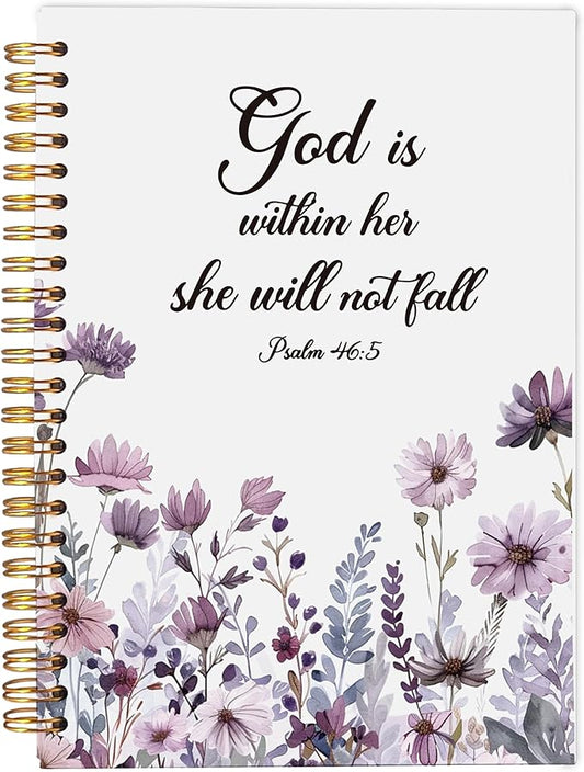 Christian Notebook for Women, Christian Gifts Journal, Prayer Journal for Women, Bible Journaling Notebook, PSALM 46:5 God is Within Her She Will Not Fall Floral Spiral Notebook 5.5x8.3