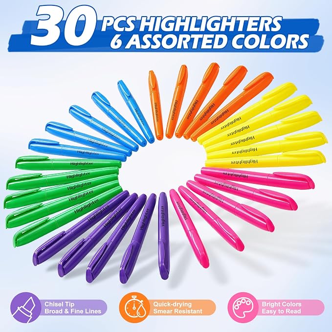 V-Opitos 30 Pack Highlighters in 6 Assorted Colors, No Bleed, Bright With Soft Chisel Tips, Ideal for Office and School Supplies