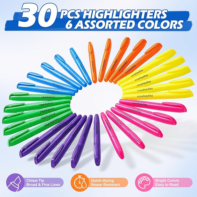 Duchong 30 Count Highlighters Assorted Colors, No Bleed Highlighter Markers for Teacher Students, Classroom Must Have, School Supplies for Adult Kids