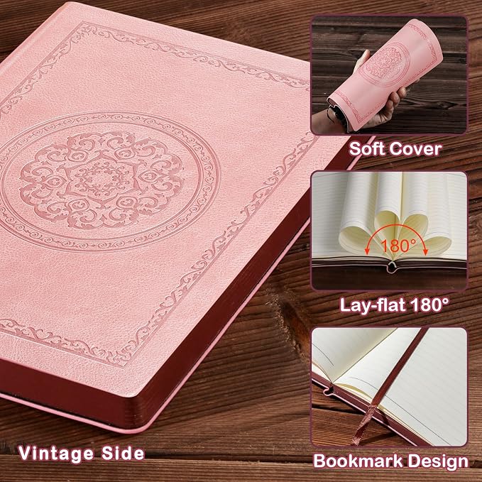 Fetinar 2026 Leather Vintage Journal Notebook,300 Pages,Leather Softcover Lined Journal Notebooks for Women Men,Notebook Journals for Writing Travel,Business,Office,Rose Gold Pink