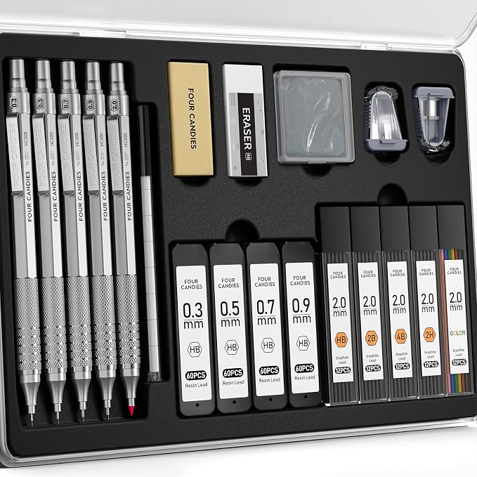 Four Candies Metal Mechanical Pencil Set, 4PCS 0.3, 0.5, 0.7, 0.9MM Mechanical Pencils & 2MM Drawing Pencil with 9 Tubes Lead Refills (4B 2B HB 2H Color) for Student Writing Artist Sketching - Silver