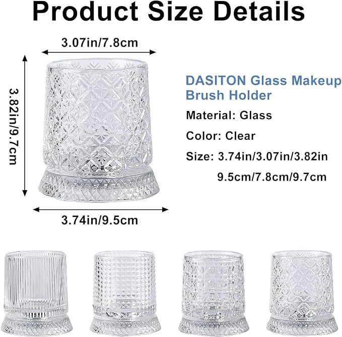 DASITON Makeup Brush Holder Organizer, Crystal Cosmetic Brushes Storage Holder Glass Makeup Organizer, 360° Rotating Make Up Brush Cup for Vanity, Dresser, Bathroom, Pen Pencil Holder for Desk (Clear)