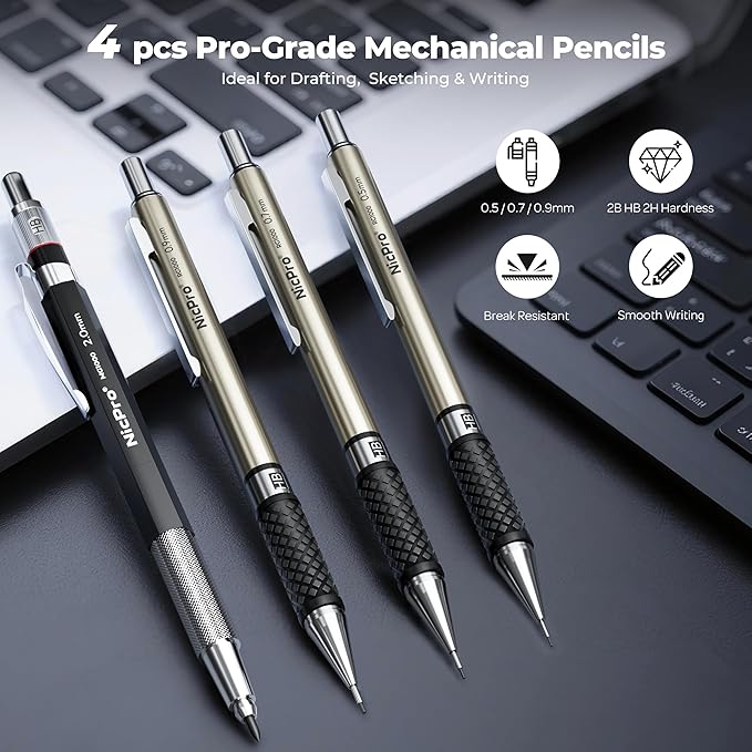 Nicpro 16PCS Drafting Tool Geometry Set with 12'' Architectural Scale Ruler | Complete Geometry Drawing Kit, Mechanical Pencils 0.5, 0.7, 0.9 & 2mm, Lead Refills, Graph Paper, for Engineers Students