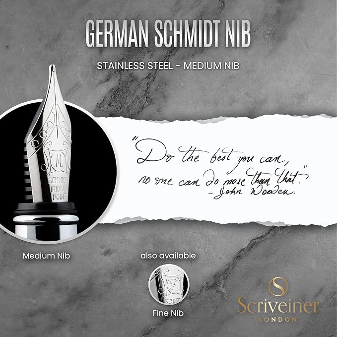 Scriveiner Stainless Steel Fountain Pen - Stunning Luxury Pen with Steel Finish, Schmidt Steel Nib (Medium), Pen Gift Set for Men & Women, Professional, Executive Office, Nice Designer Pens